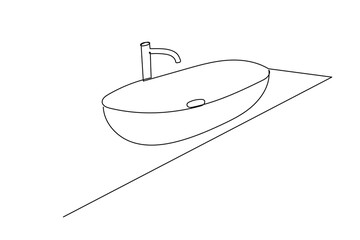 Line Art Sink and Faucet Illustration Icon. One Continuous Line Home Interior Element.  Plumbing Modern Bathroom Equipment. Doodle Curved Outline Thin Stroke Contour Drawing.