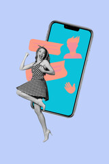 Image zine trend photo collage of happy girl stand phone device screen bubble dialogue messenger...