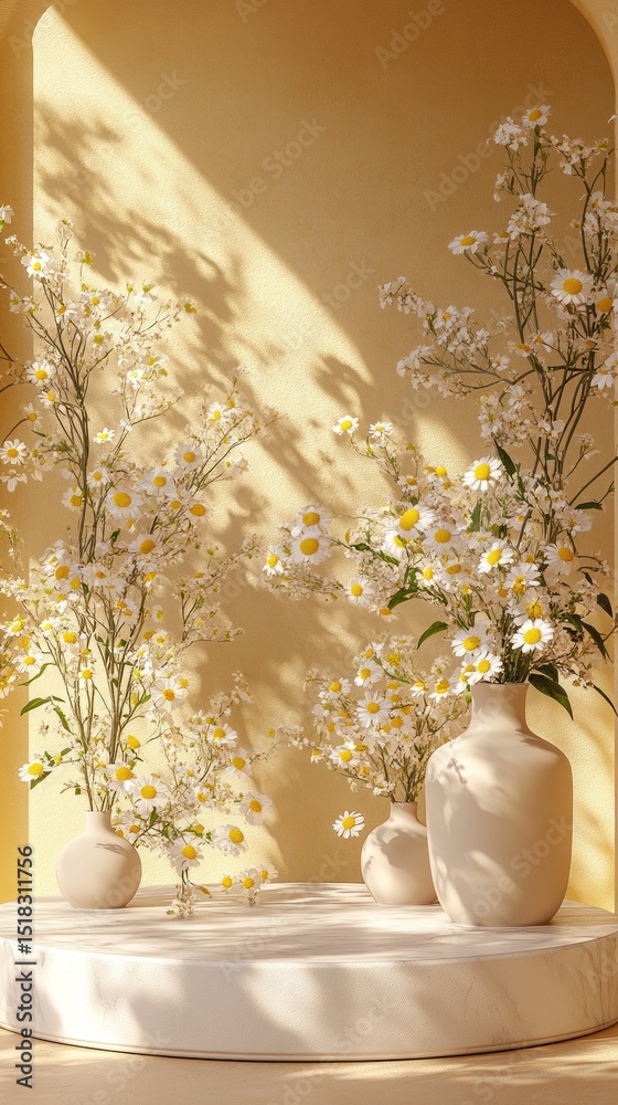Poster a tranquil display of white daisies arranged in minimalist vases set against a soft yellow wall. sun