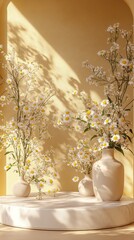 A tranquil display of white daisies arranged in minimalist vases set against a soft yellow wall. Sunlight casts gentle shadows, enhancing the serene atmosphere