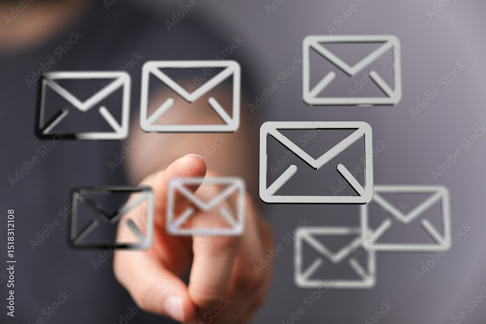 Poster close-up of a hand interacting with email icons, representing digital communication and online messa