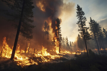 Raging wildfire consumes forest landscape.