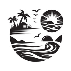 Obraz premium vector illustration of a tropical beach logo black and white