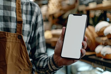 Ultra Hd Picture of a Male Bakers Hand Showing White Screen Display of Mobile Phone
