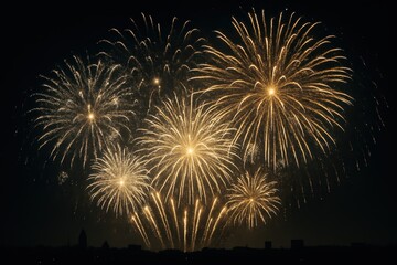 Spectacular explosion of gold and silver fireworks illuminating a dark night sky over a cityscape silhouette, celebrating a grand New Year or national holiday with dazzling light bursts.