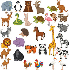 Cute cartoon animal collection featuring various mammals birds reptiles and wildlife illustrations