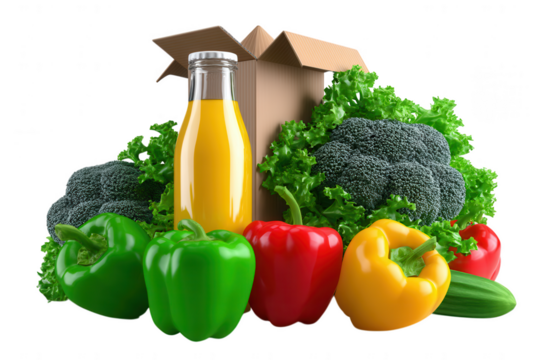 Fresh vegetables and juice in a box isolated on transparent background
