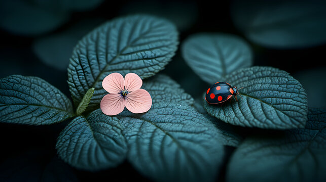 Close up of ladybug on leaf with flower nature photography for desktop wallpaper background design