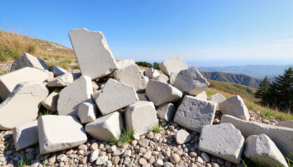 Concrete debris on hillside under blue sky, beauty in destruction