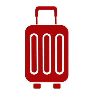 Icono sencillo de una maleta de viaje con asa y ruedas roja sobre fondo blanco