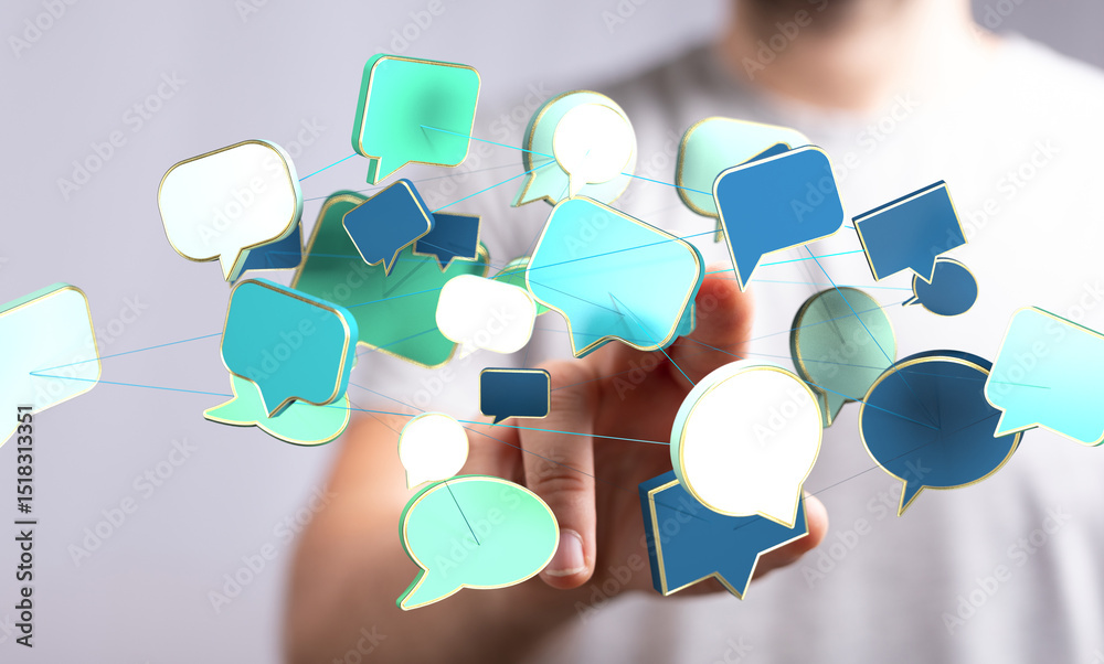 Poster abstract image of interconnected speech bubbles, symbolizing global communication and networking.
