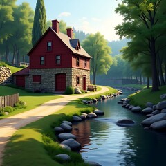 Scenic Red Grist Mill Beside Flowing Rock Spring, Rustic Stone Building with Gabled Roof, Wooden Fence, Manicured Lawn, Dirt Road, Surrounded by Lush Green Trees and Natural Landscape