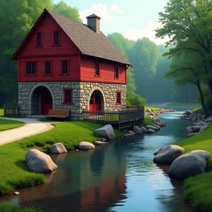 Scenic Red Grist Mill Beside Flowing Rock Spring, Rustic Stone Building with Gabled Roof, Wooden Fence, Manicured Lawn, Dirt Road, Surrounded by Lush Green Trees and Natural Landscape
