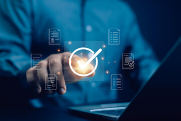 Hand shows sign of top service Quality assurance, Guarantee, Standards, ISO certification and standardization concept, satisfaction, service experience, show the standards of products and services.	
