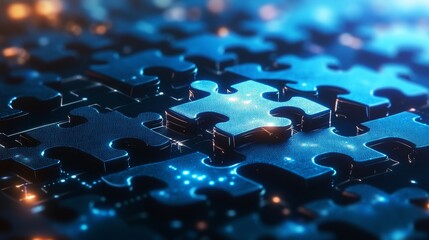 Digital Puzzle, Technology Concept Glowing Jigsaw Pieces on Blue Futuristic Background