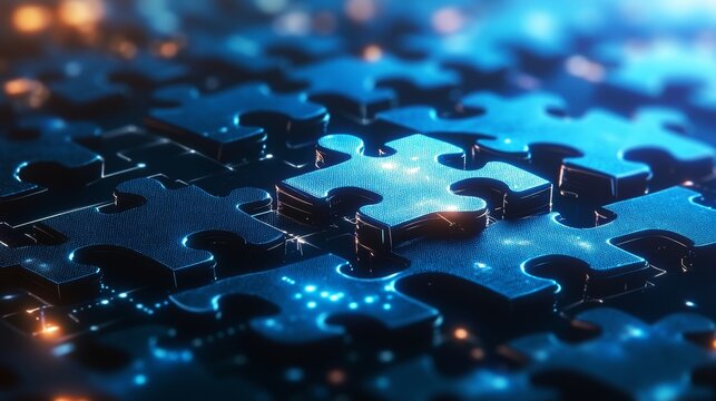 Digital Puzzle, Technology Concept Glowing Jigsaw Pieces on Blue Futuristic Background - Powered by Adobe