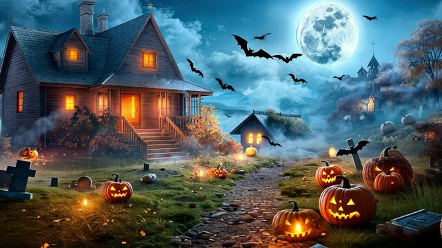 Spooky Halloween Scene with Haunted House, Pumpkins, Bats, and Full Moon in Mystical Atmosphere