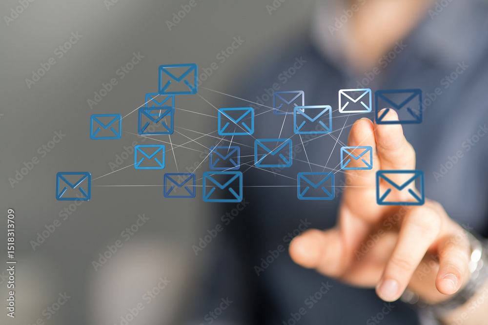 Poster hand interacting with a network of email icons. represents global communication and connectivity.