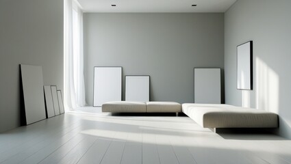 Minimalist living room with neutral colors and blank art frames.