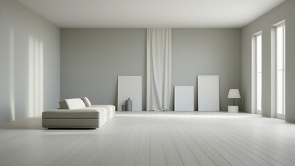 Empty modern living room with light beige sectional sofa.