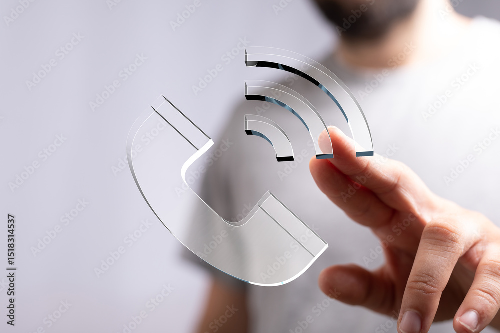 Poster hand interacting with a transparent phone icon and wifi signal. represents communication.