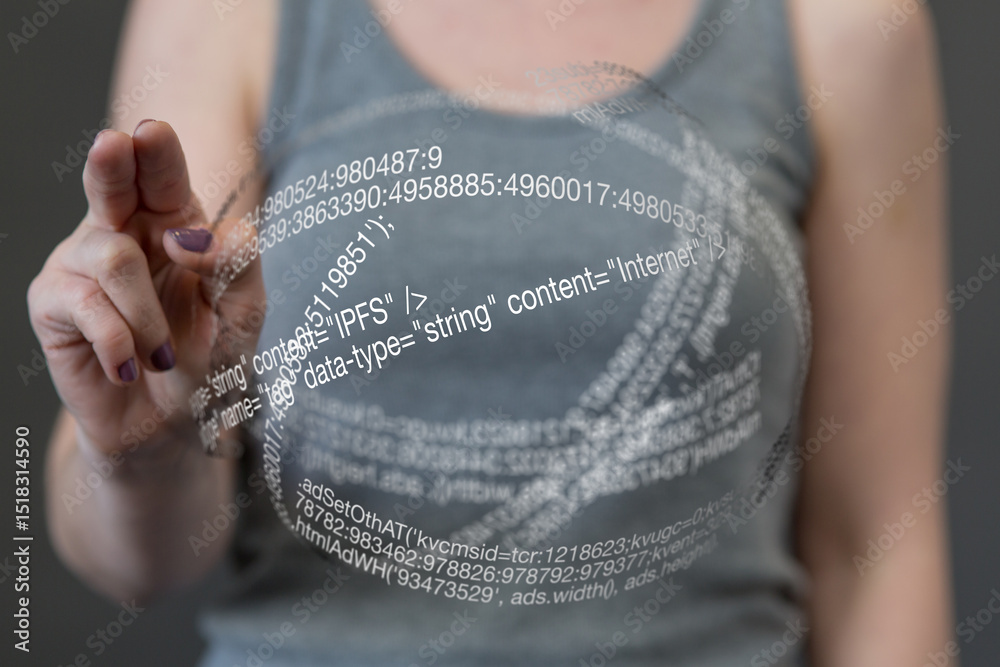 Aufkleber a woman touches a futuristic holographic display showing lines of code.