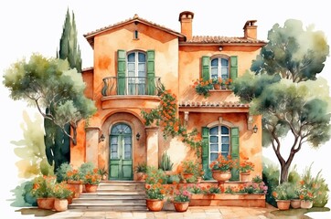 Fototapeta premium Charming Mediterranean villa surrounded by lush greenery and vibrant flowers in a sunny outdoor setting
