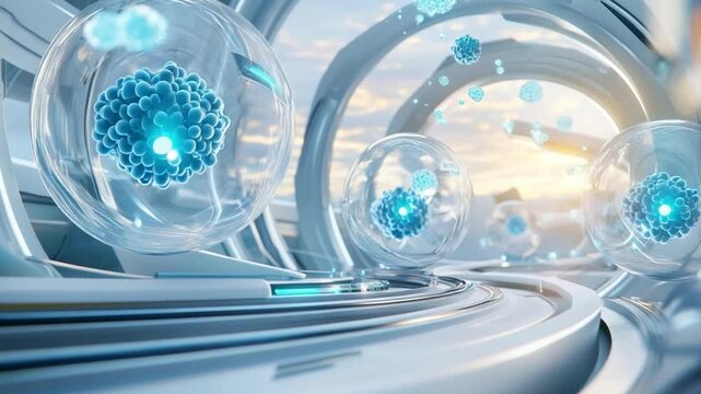 Abstract illustration of futuristic cells in a sci-fi environment with bright glowing background and curves