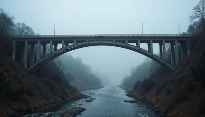 Obraz premium Mysterious Foggy Bridge Over Dark River in Moody Atmosphere
