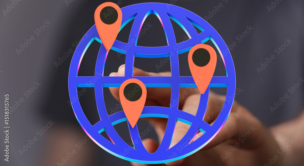Aufkleber hand holding a 3d globe with location markers, symbolizing global reach and connectivity.