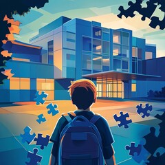 Inclusive cartoon illustration of a child with special needs near a large school, surrounded by puzzle pieces symbolizing adaptation and integration.

