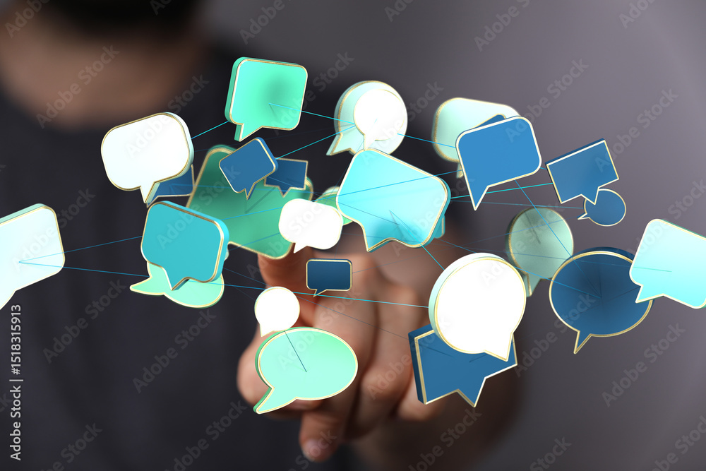 Poster abstract image of interconnected speech bubbles, symbolizing global communication and networking.