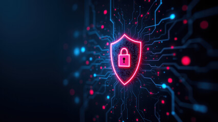 A vibrant graphic design emphasizing cybersecurity with a shield logo against a futuristic digital backdrop.