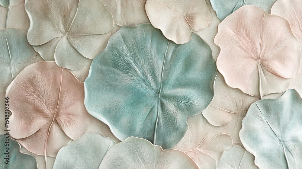 Poster Vibrant wall installation showcases oversized textured leaves in various soft colors. Background adds a calming aesthetic, creating an inviting atmosphere for visitors