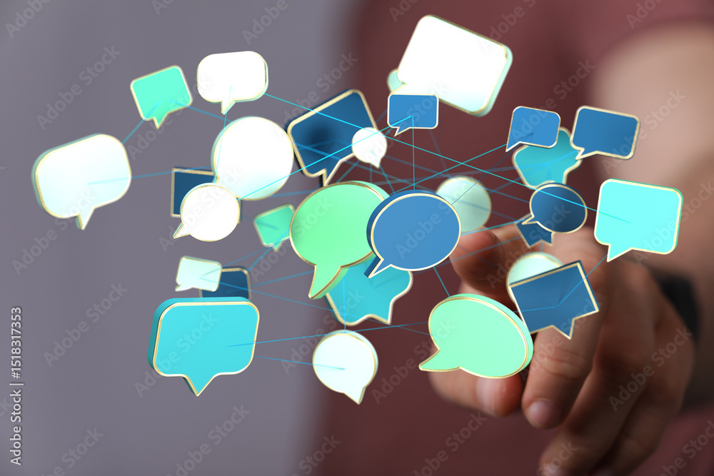 Poster abstract image of interconnected speech bubbles, symbolizing global communication and networking.