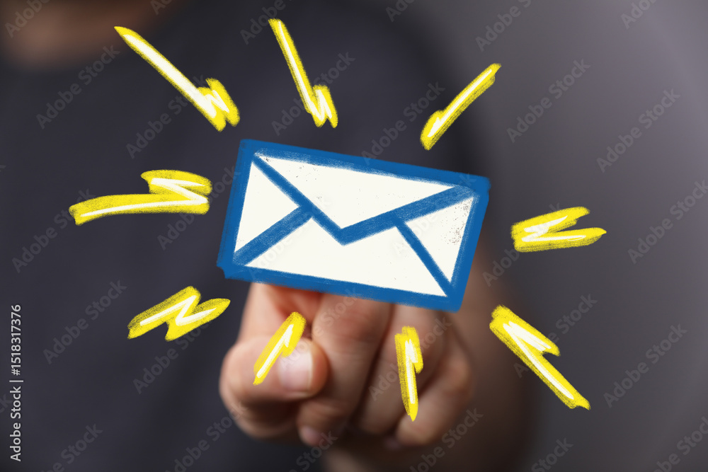Poster hand points at a glowing email icon, symbolizing new message alert. modern communication concept.