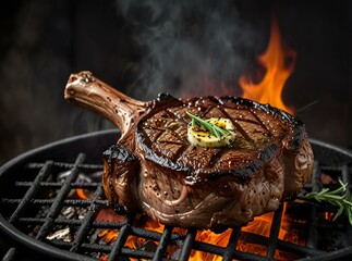 Grilled tomahawk steak on a charcoal grill