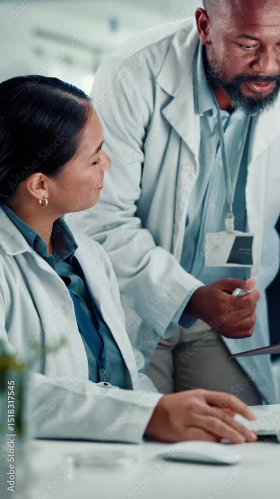 Poster computer, scientists and team with clipboard, medical research or asking for assistance for project.