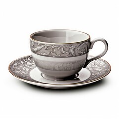An isolated, ultra-detailed photograph of gray cup and saucer on a white background,realistic photography