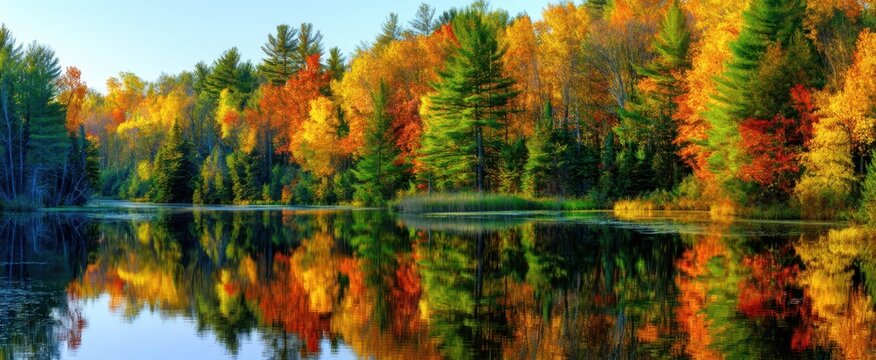 The vibrant autumn landscape reflecting in a tranquil river surrounded by colorful trees.