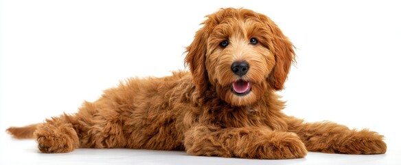 The adorable golden puppy lying comfortably and looking playfully at the camera.