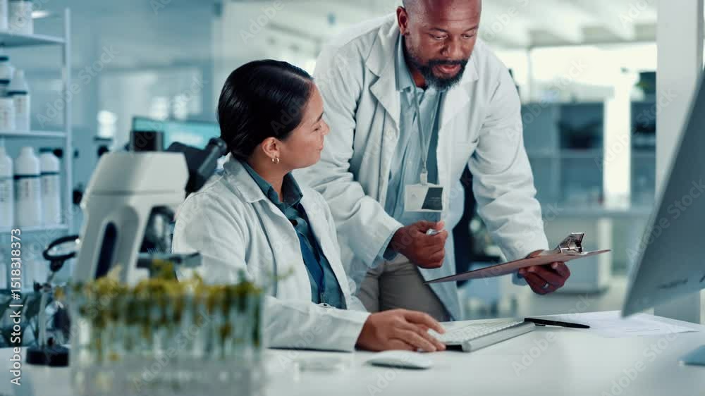 Poster scientist, people and talk with clipboard in lab for medical research, experiment and botany. team, 