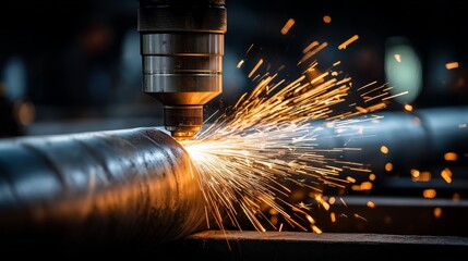 Precision laser cutting technology ignites sparks while shaping metal pipe in industrial manufacturing process, showcasing engineering innovation