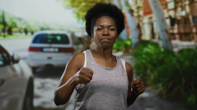 Young african american woman shadowboxing on a sunlit city street with cars and greenery capturing intensity and strength in an urban outdoor setting.