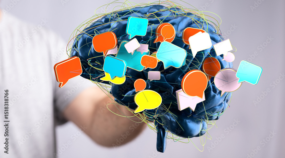 Aufkleber abstract image of a brain with colorful speech bubbles, symbolizing communication, ideas, and though