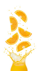 orange slices falling down with orange juice PNG. Fresh and organic orange juice with orange citrus fruit slices flying isolated. Vegan vegetarian oranges flying png. orange fruit isolated
