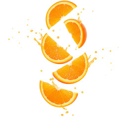 orange slices falling down with orange juice PNG. Fresh and organic orange juice with orange citrus fruit slices flying isolated. Vegan vegetarian oranges flying png. orange fruit isolated