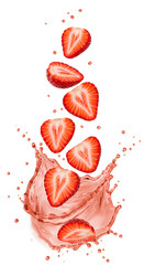 strawberry slices falling down with orange juice PNG. Fresh and organic strawberry juice with strawberry fruit slices flying isolated. Vegan vegetarian strawberries flying png. strawberry isolated
