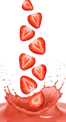 strawberry slices falling down with orange juice PNG. Fresh and organic strawberry juice with strawberry fruit slices flying isolated. Vegan vegetarian strawberries flying png. strawberry isolated
