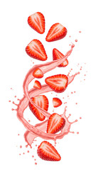 strawberry slices falling down with orange juice PNG. Fresh and organic strawberry juice with strawberry fruit slices flying isolated. Vegan vegetarian strawberries flying png. strawberry isolated

